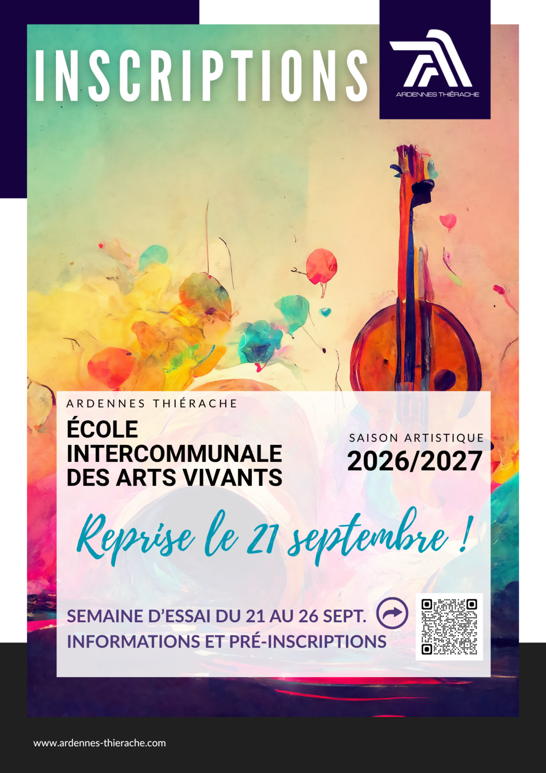 affiche annonçant les inscriptions et la rentrée de l'école des arts vivants 