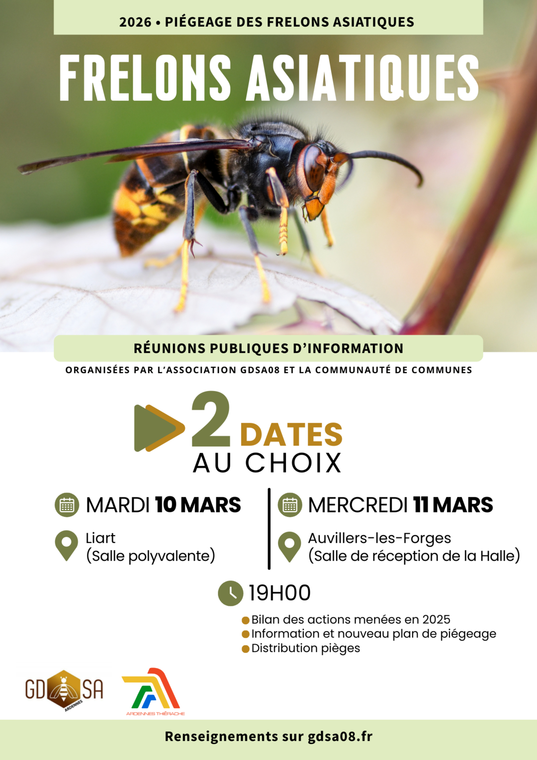 affiche réunions d'information campagne de piégeage 2026 frelons asiatiques